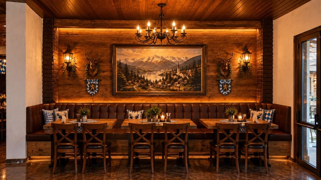 Salonul Gasthaus Herăstrău, cu canapea din piele, candelabru și peisaj alpin