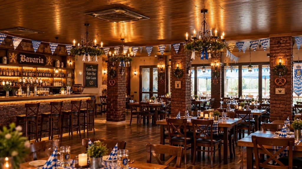 Sala restaurantului Gasthaus Herăstrău, cu bar Bavaria, steaguri alb-albastre și mese din lemn